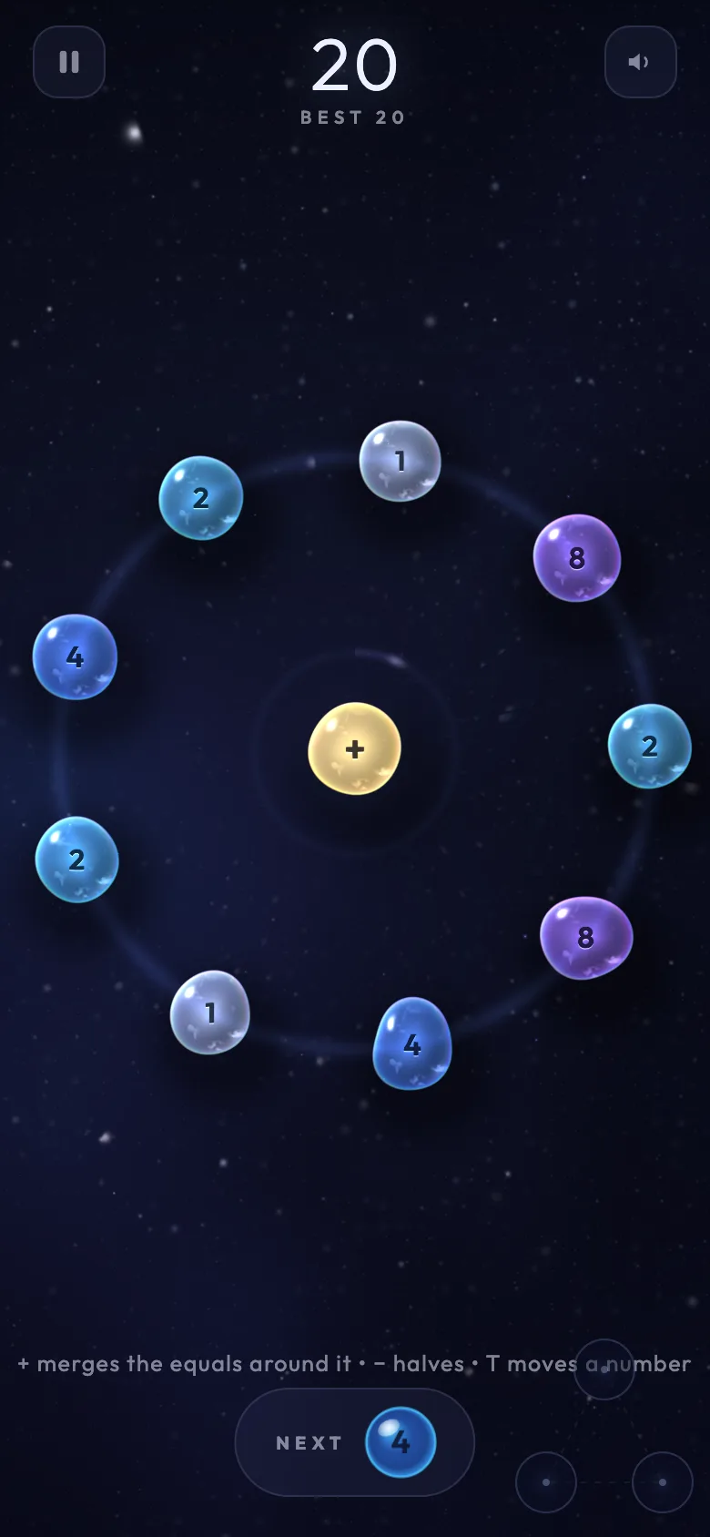 Classic mode: number bubbles around the ring while a golden + operator waits in the core, ready to merge the equal pairs around it.