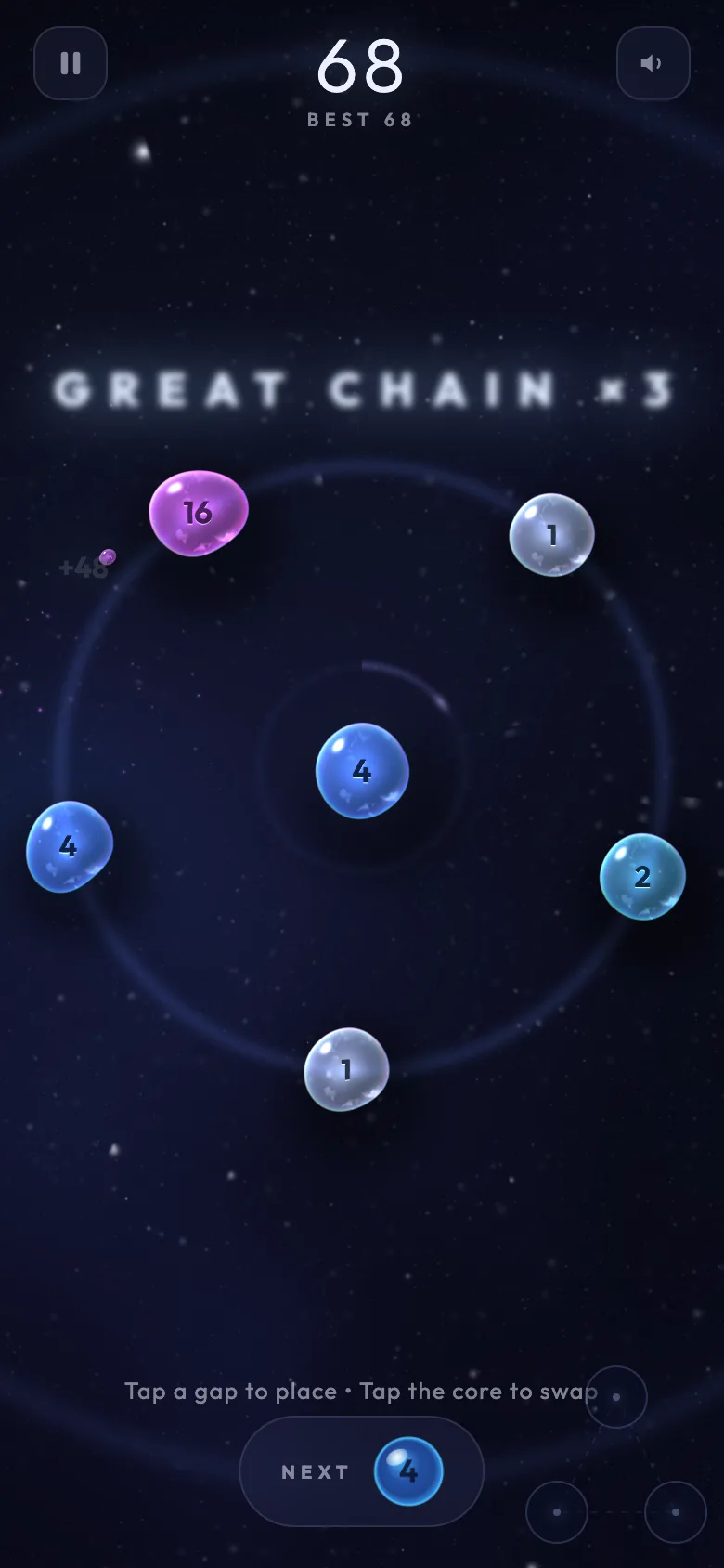A Great Chain ×3 banner glowing above the board as merged bubbles light up.