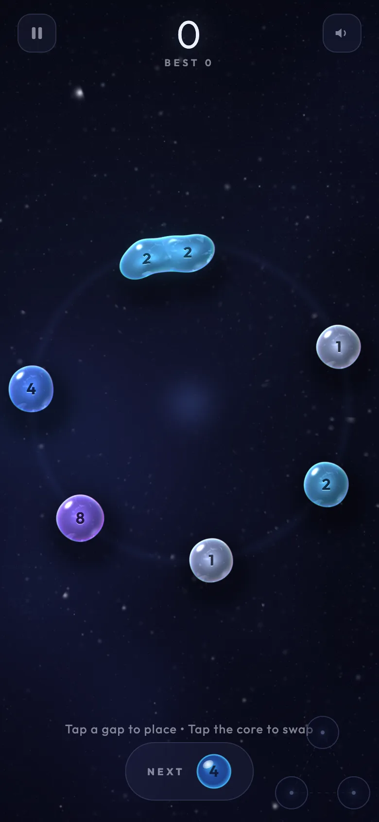 Two bubbles carrying the number 2 fusing into a single liquid blob on the ring.