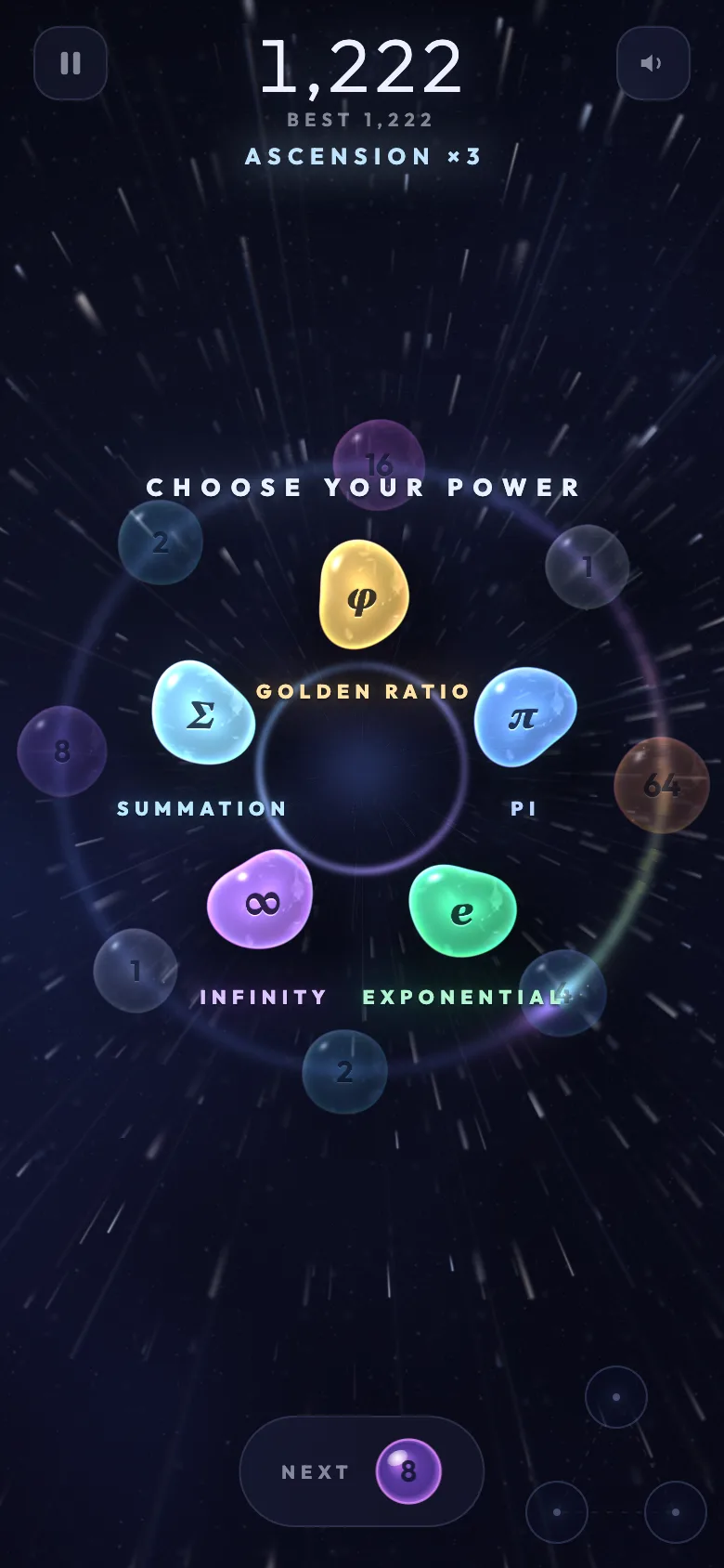 The Choose Your Power screen: the five liquid constants φ, π, e, Σ and ∞ orbiting the core during a hyperspace warp.