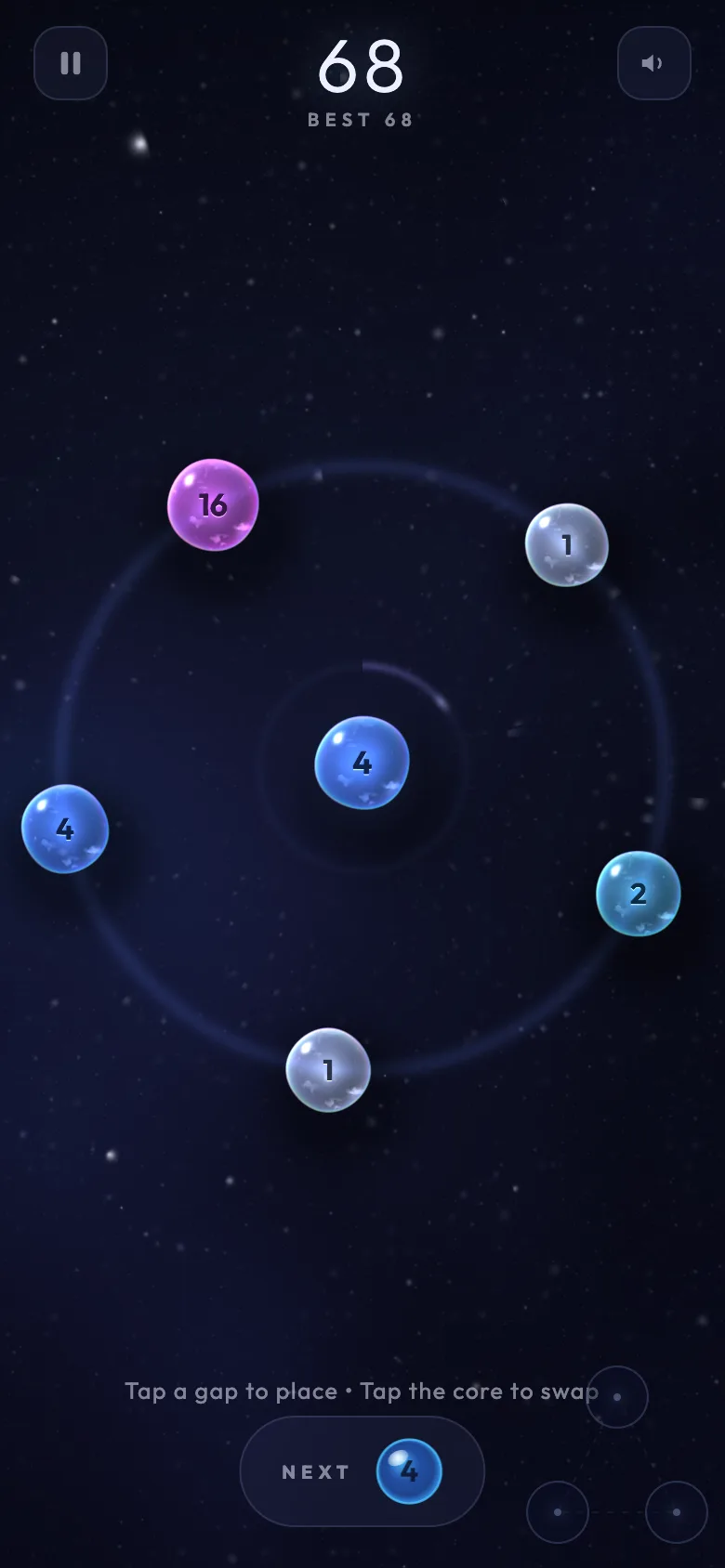 Zen mode: a calm ring of softly glowing number bubbles drifting in deep space.